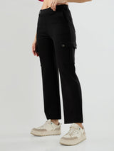 Women Trackpant Straight Fit Black Mid Rise