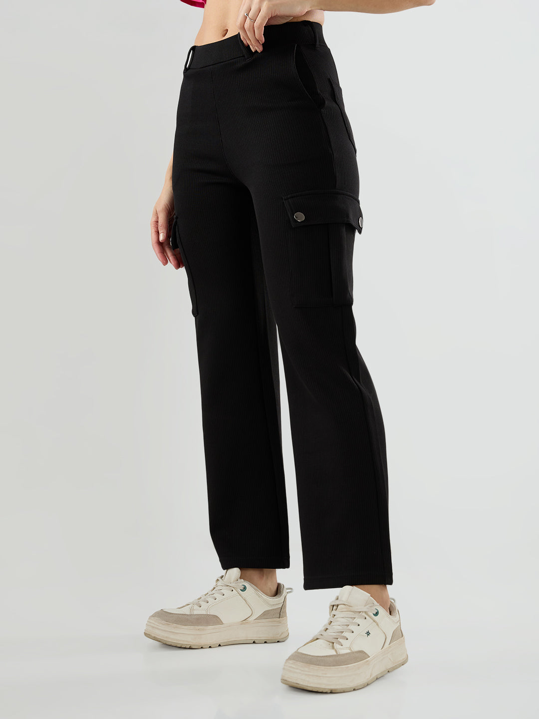 Women Trackpant Straight Fit Black Mid Rise