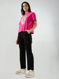 Women Trackpant Straight Fit Black Mid Rise