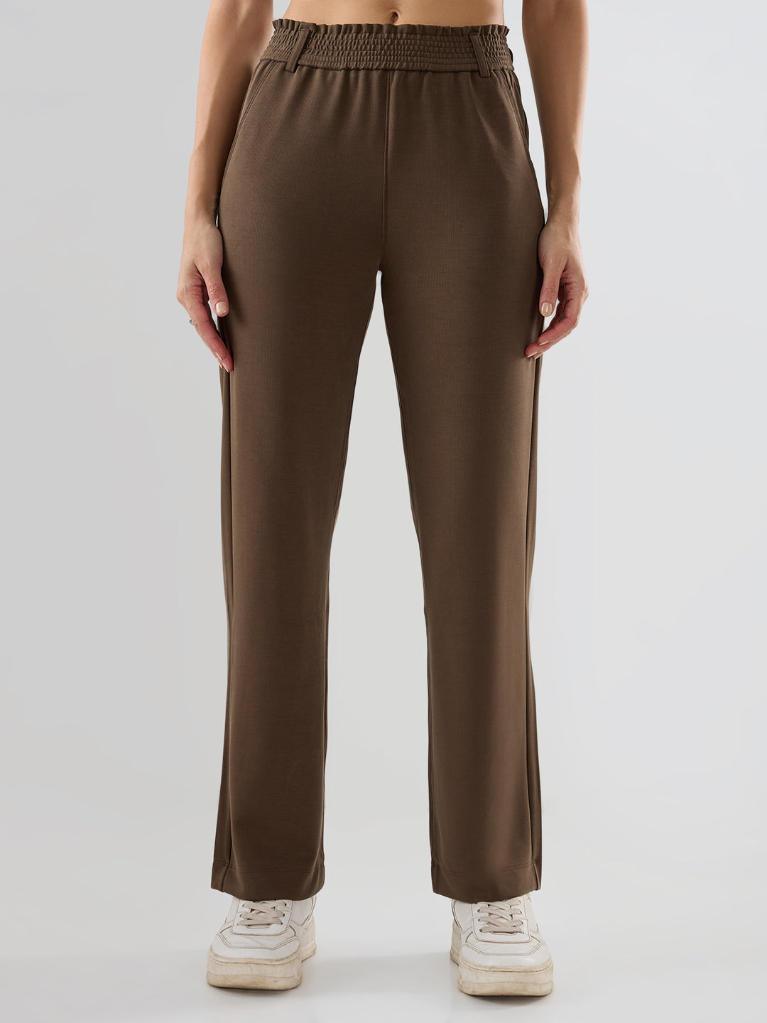 Women Trackpant Straight Fit Brown Mid Rise
