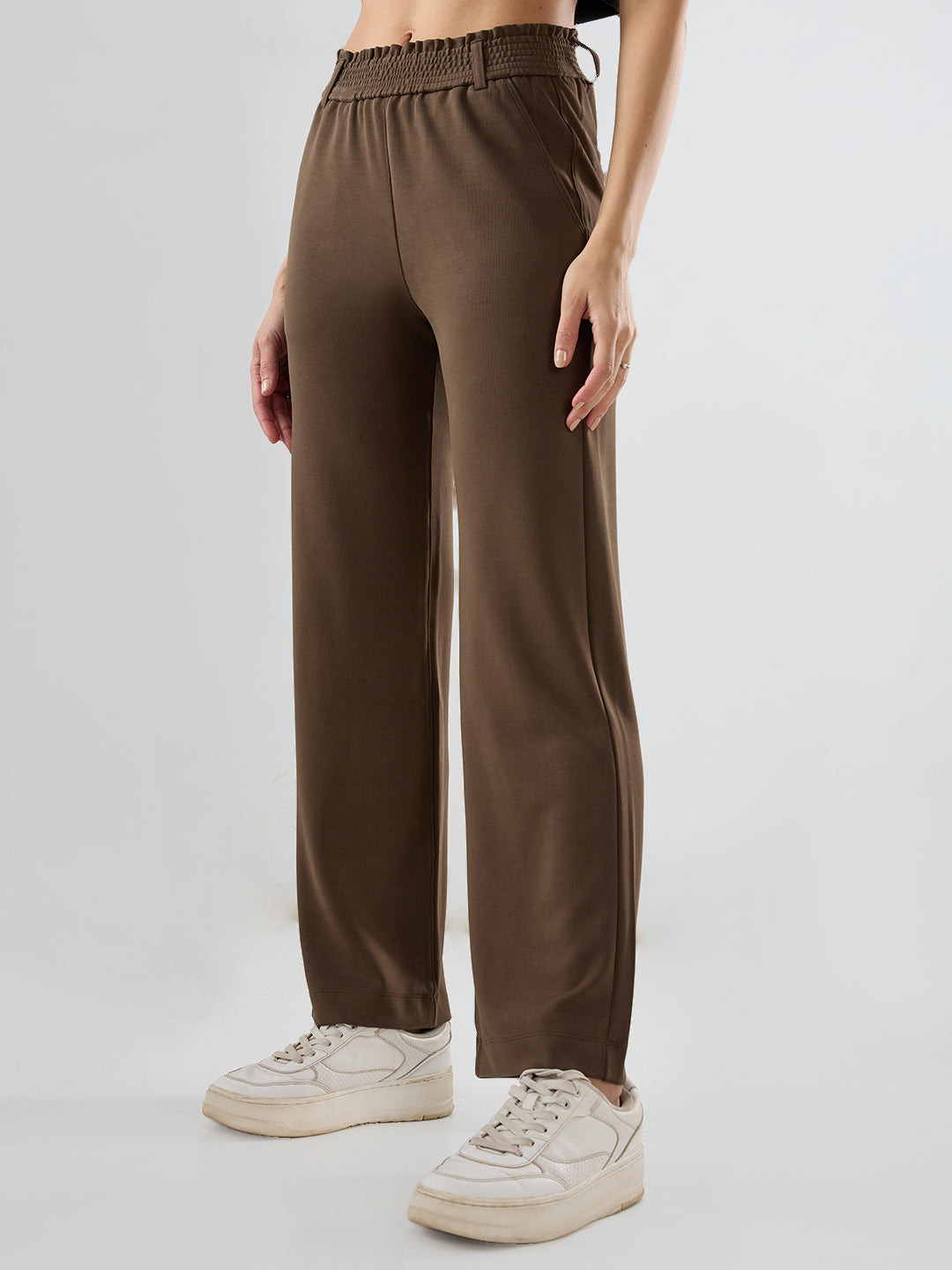 Women Trackpant Straight Fit Brown Mid Rise