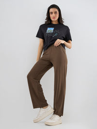 Women Trackpant Straight Fit Brown Mid Rise