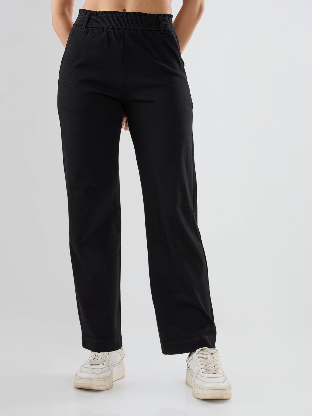 Women Trackpant Straight Fit Black Mid Rise