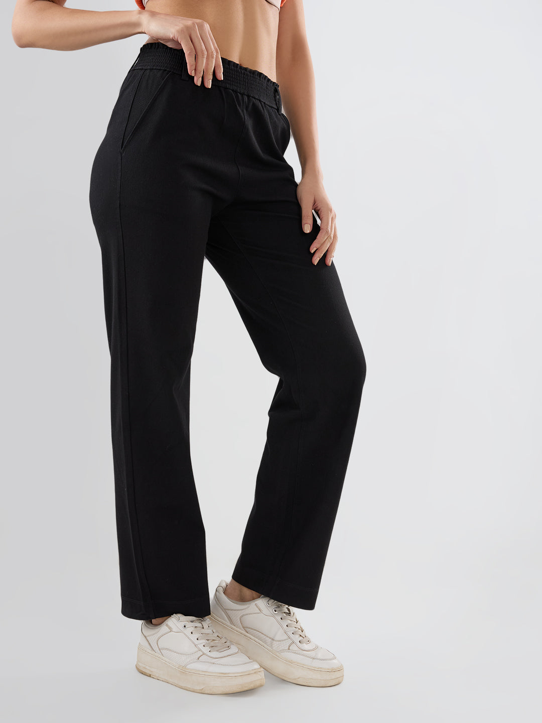 Women Trackpant Straight Fit Black Mid Rise