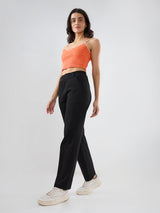 Women Trackpant Straight Fit Black Mid Rise