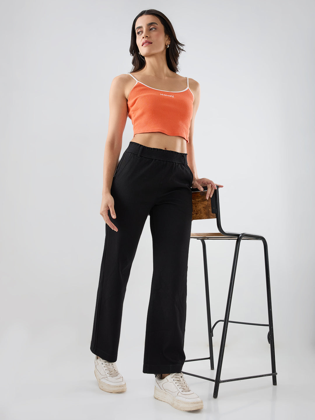 Women Trackpant Straight Fit Black Mid Rise