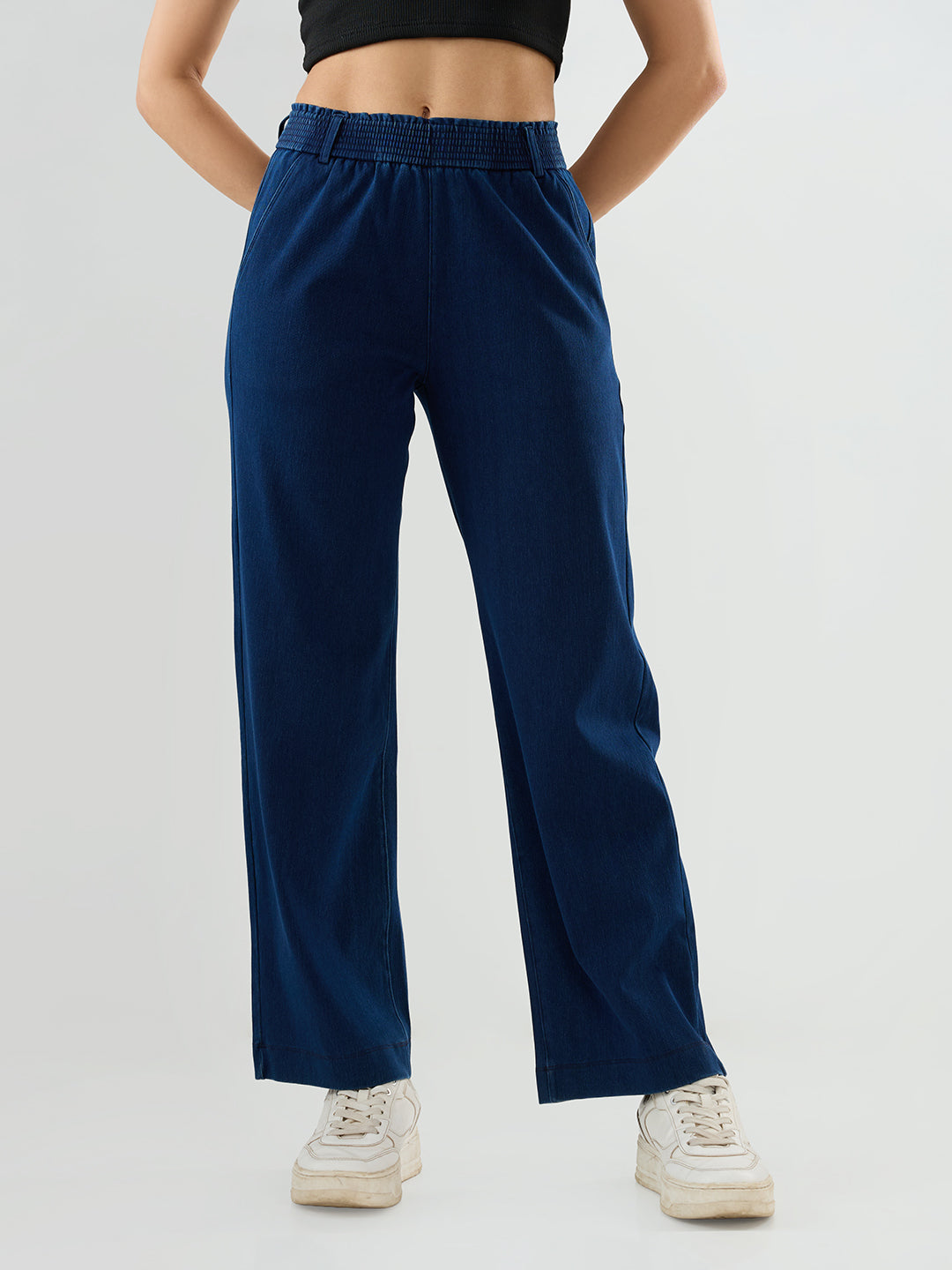 Women Trackpant Straight Fit Dark Blue Mid Rise