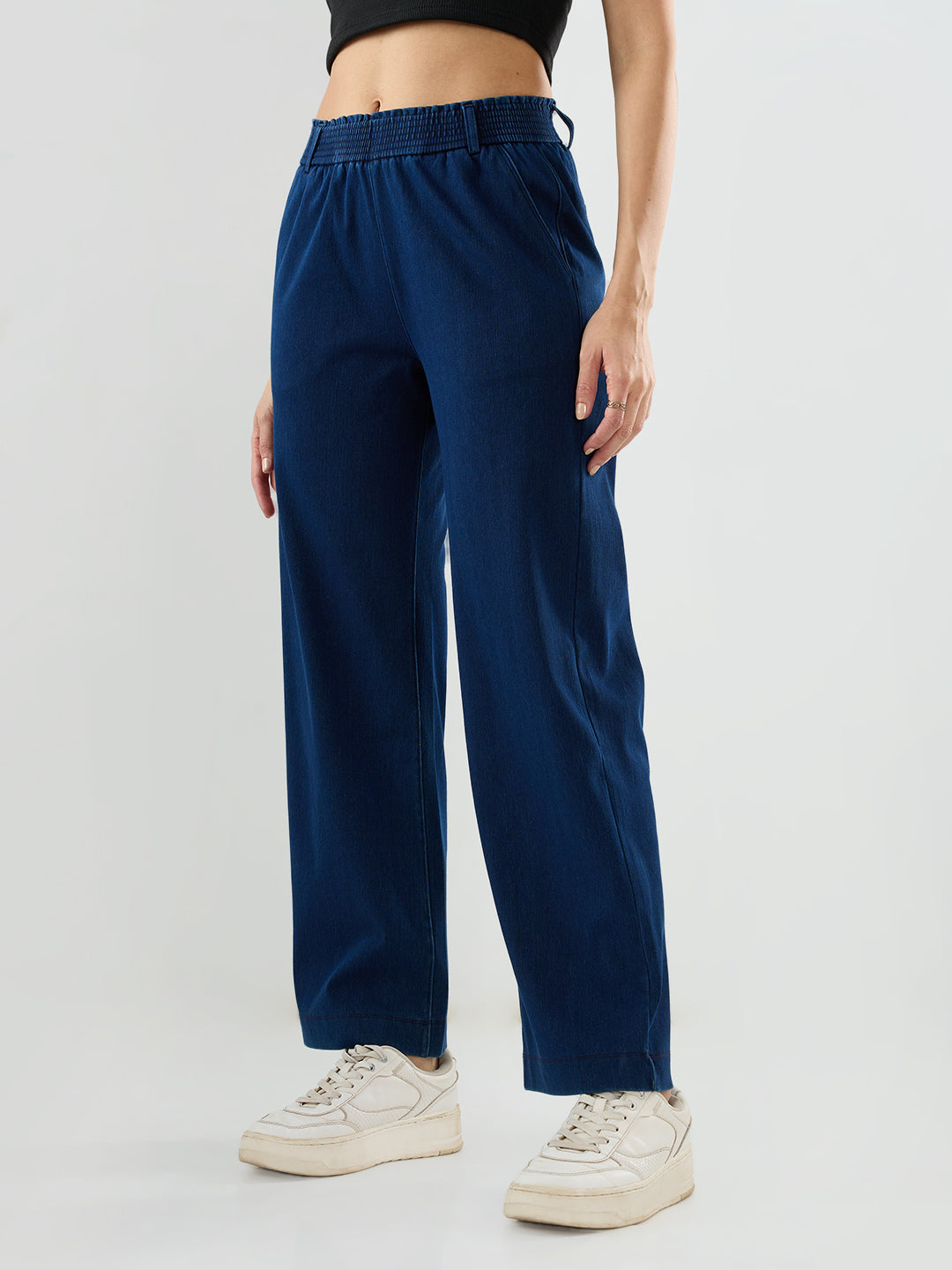 Women Trackpant Straight Fit Dark Blue Mid Rise