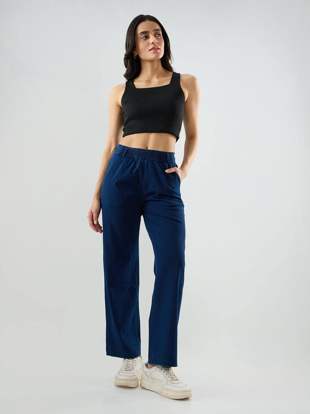 Women Trackpant Straight Fit Dark Blue Mid Rise