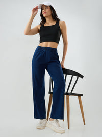 Women Trackpant Straight Fit Dark Blue Mid Rise