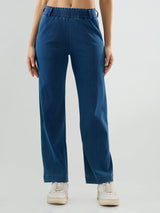 Women Trackpant Straight Fit Mid Blue Mid Rise
