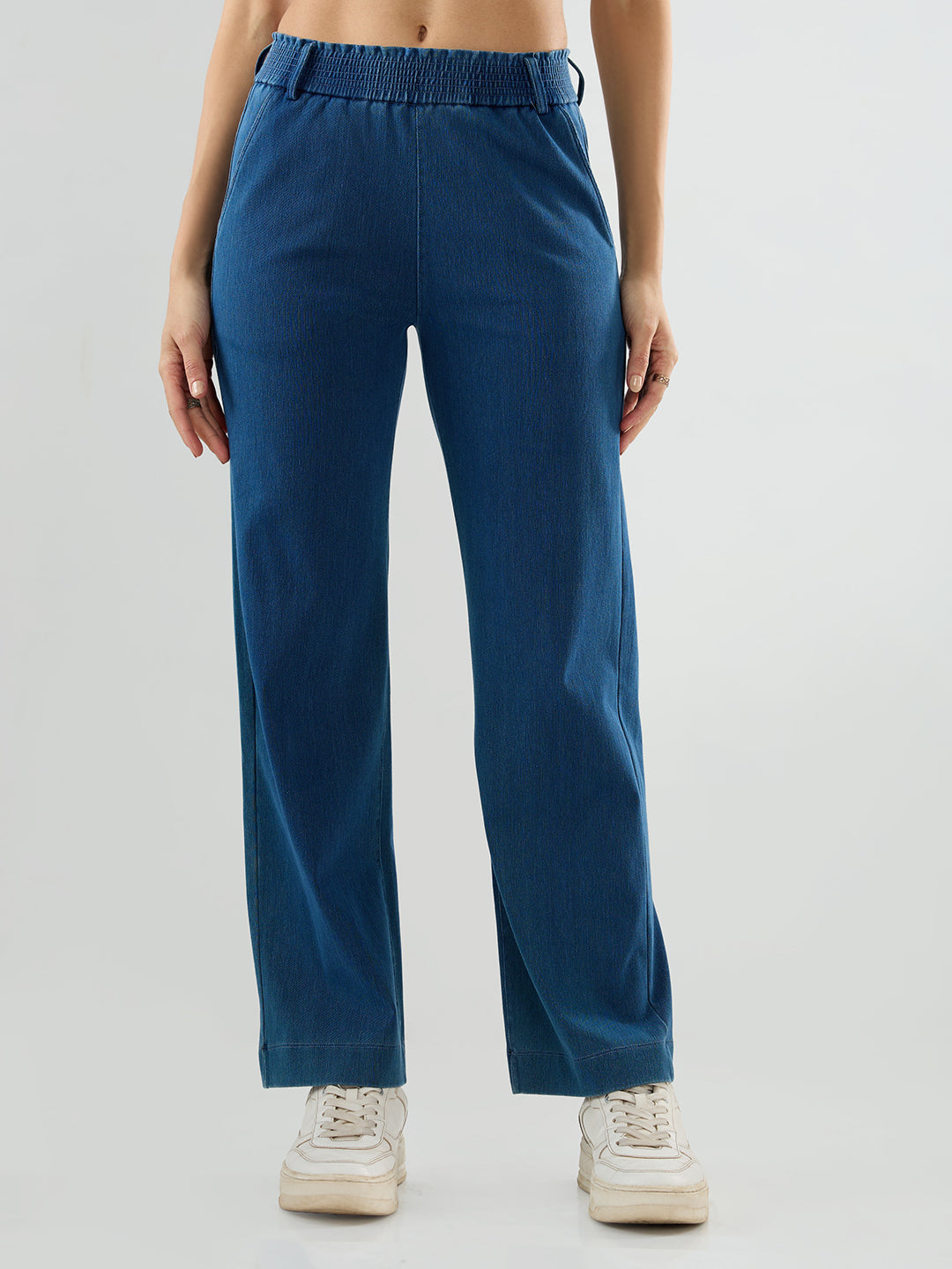 Women Trackpant Straight Fit Mid Blue Mid Rise