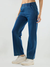 Women Trackpant Straight Fit Mid Blue Mid Rise