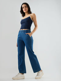 Women Trackpant Straight Fit Mid Blue Mid Rise