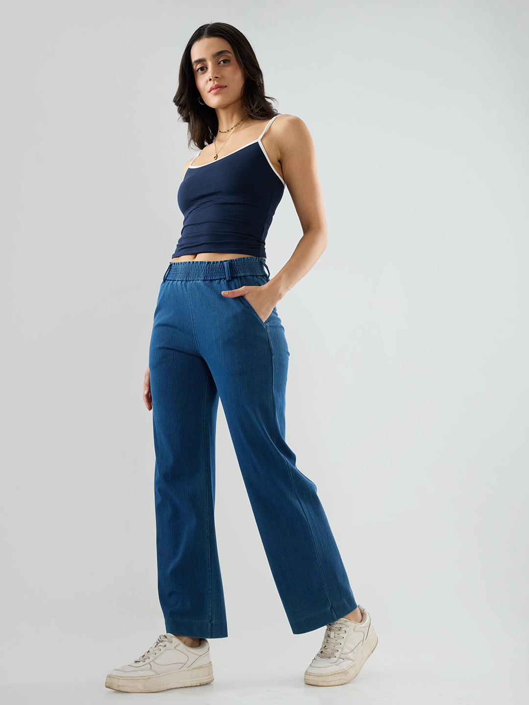 Women Trackpant Straight Fit Mid Blue Mid Rise