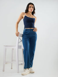 Women Trackpant Straight Fit Mid Blue Mid Rise