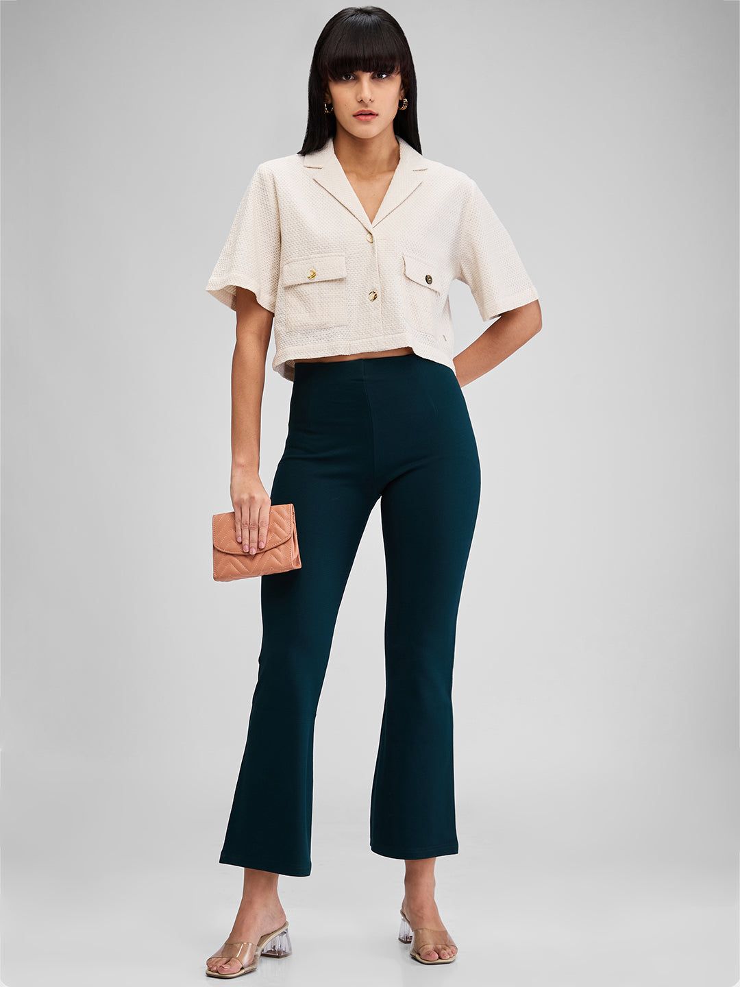 Women Trackpant Green Boot Cut Fit High Rise