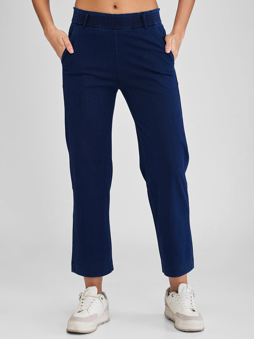 Spykar Blue Wide Leg High Rise Knit Trackpants For Women