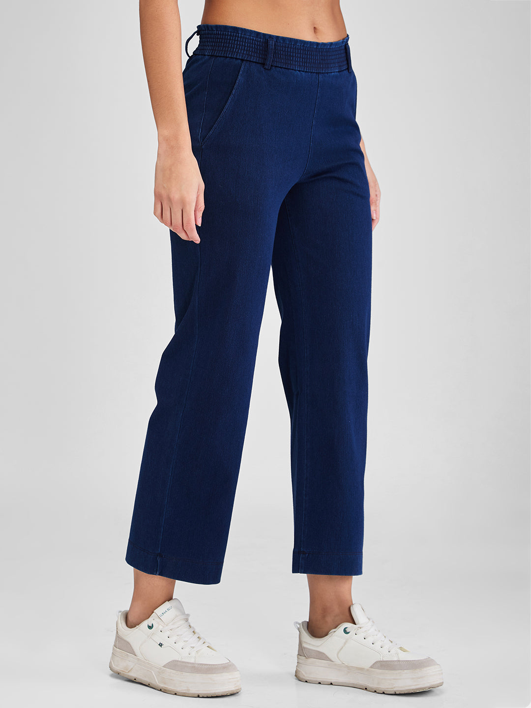 Spykar Blue Wide Leg High Rise Knit Trackpants For Women