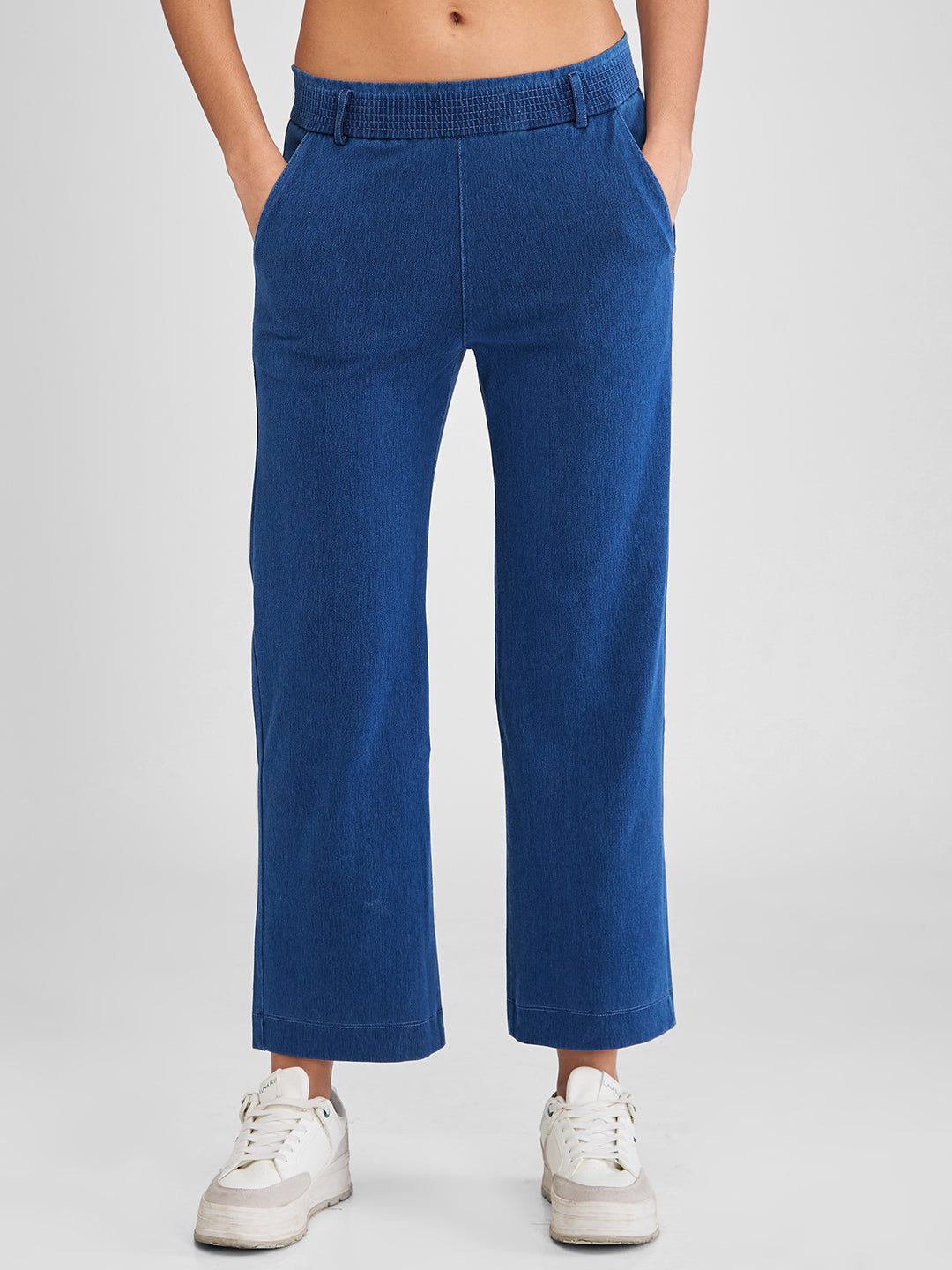 Spykar Blue Wide Leg High Rise Knit Trackpants For Women