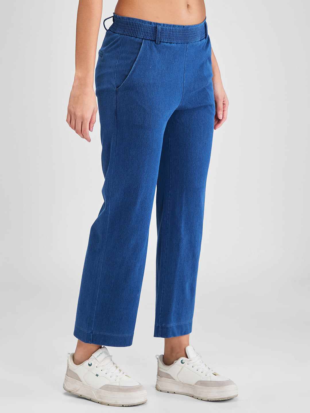 Spykar Blue Wide Leg High Rise Knit Trackpants For Women