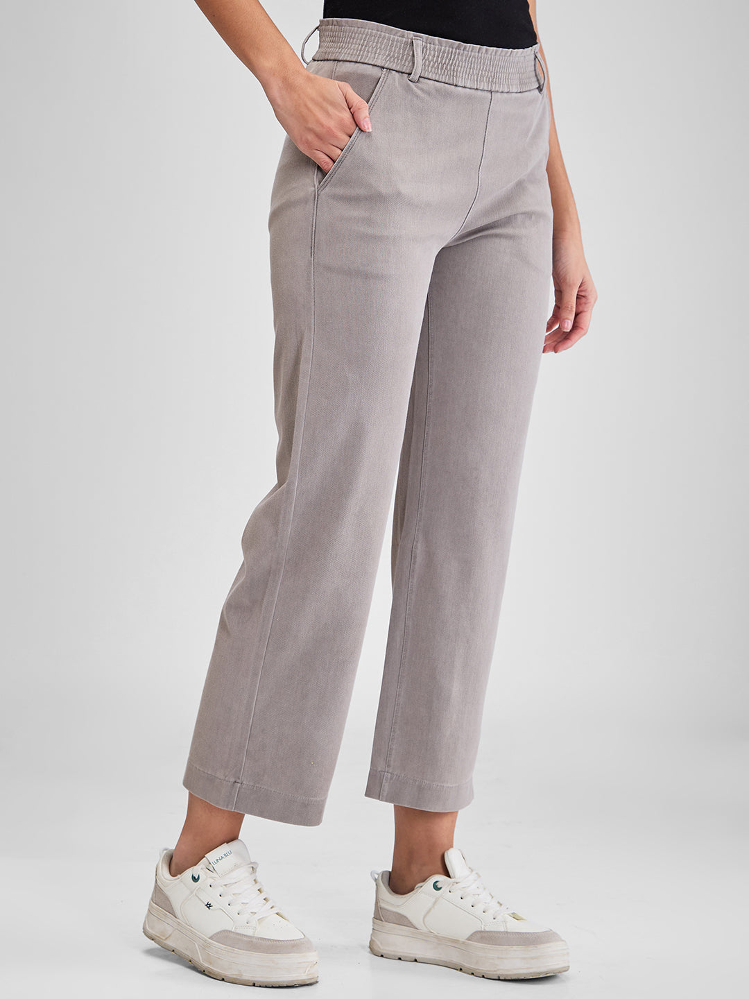 Spykar Gray Wide Leg High Rise Knit Trackpants For Women