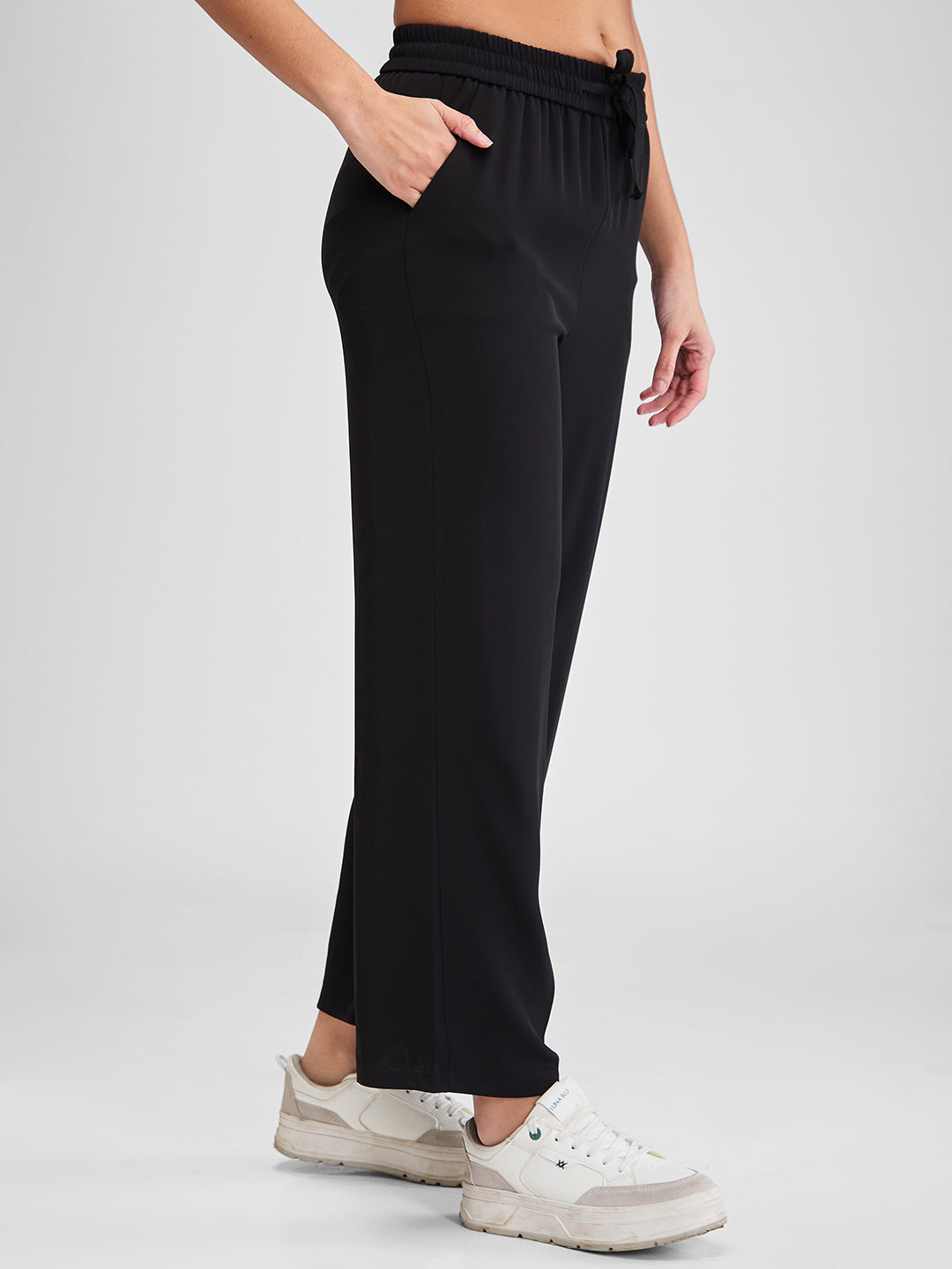 Spykar Black Wide Leg High Rise Knit Trackpants For Women