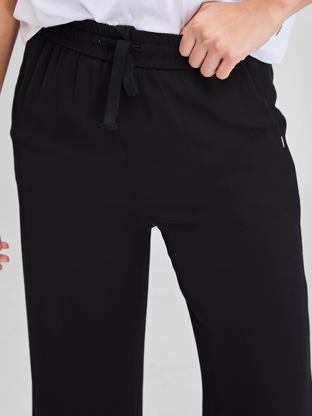 Spykar Black Wide Leg High Rise Knit Trackpants For Women