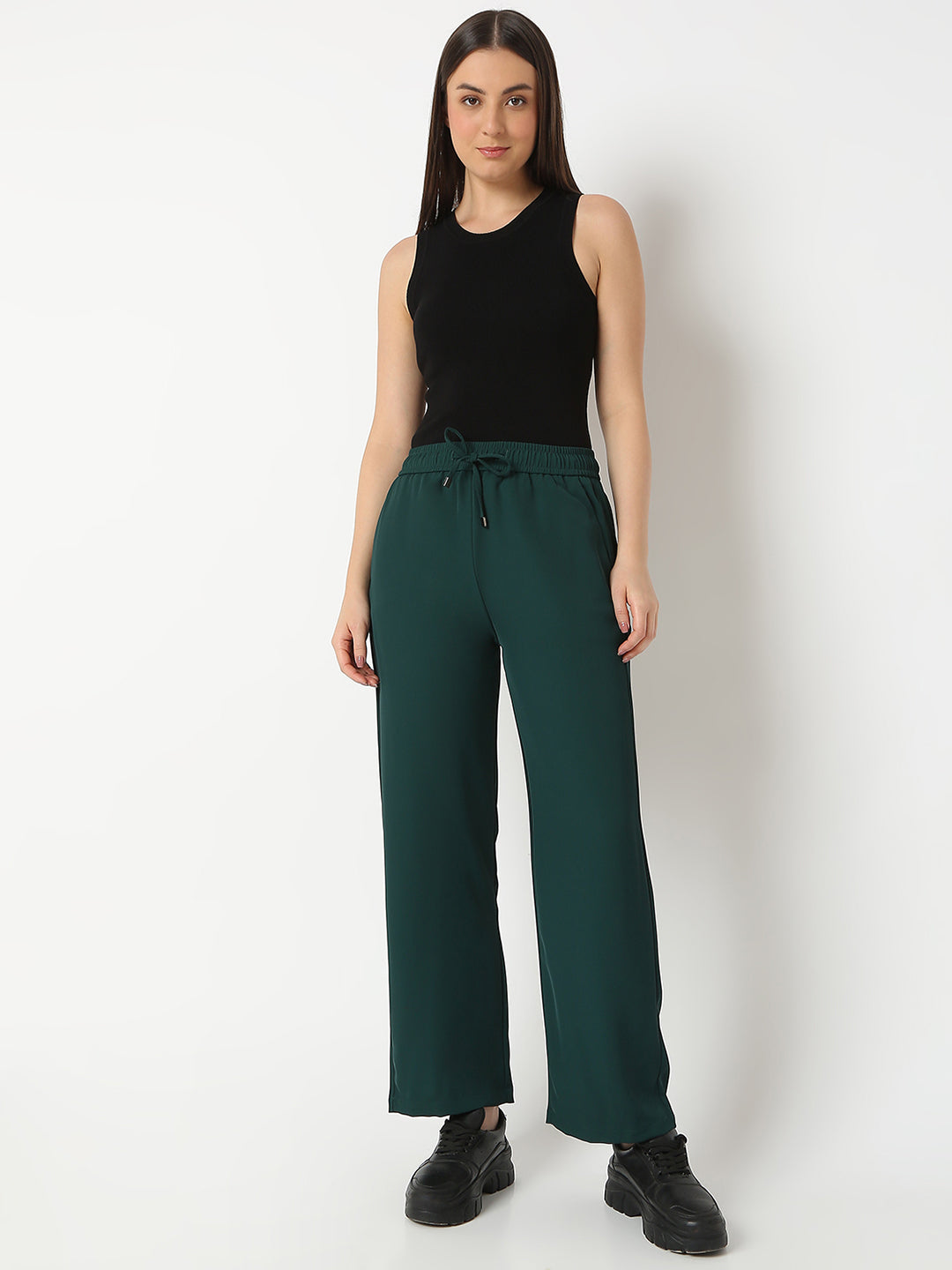 Spykar Bottle Green Wide Leg Trackpant For Women