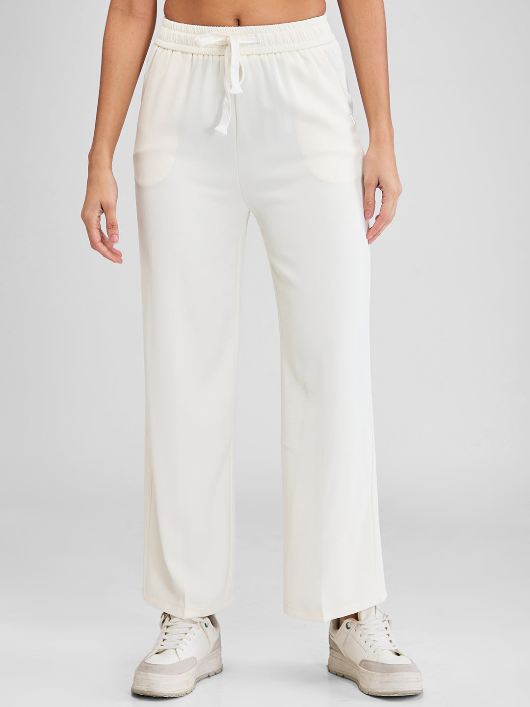 Spykar White Wide Leg High Rise Knit Trackpants For Women