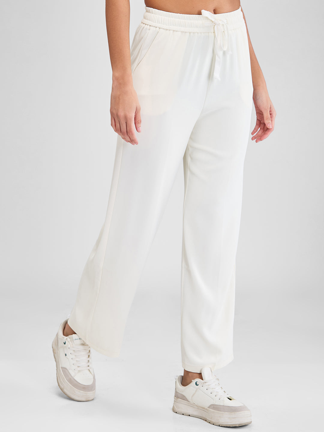 Spykar White Wide Leg High Rise Knit Trackpants For Women