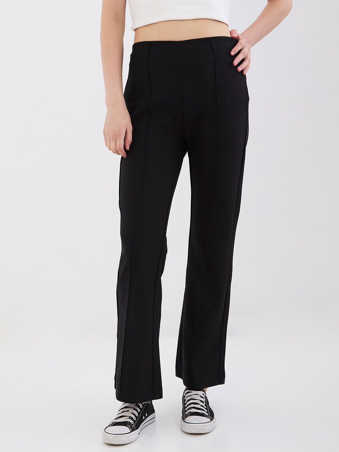 Spykar Black Mid Rise Boot Cut Fit Casual Knit Track Pants For Women