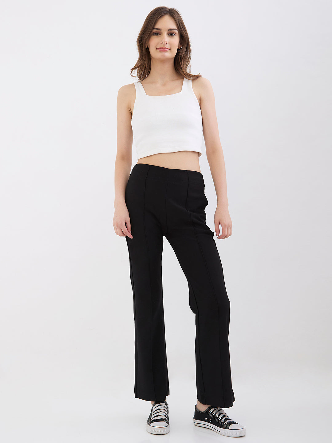 Spykar Black Mid Rise Boot Cut Fit Casual Knit Track Pants For Women