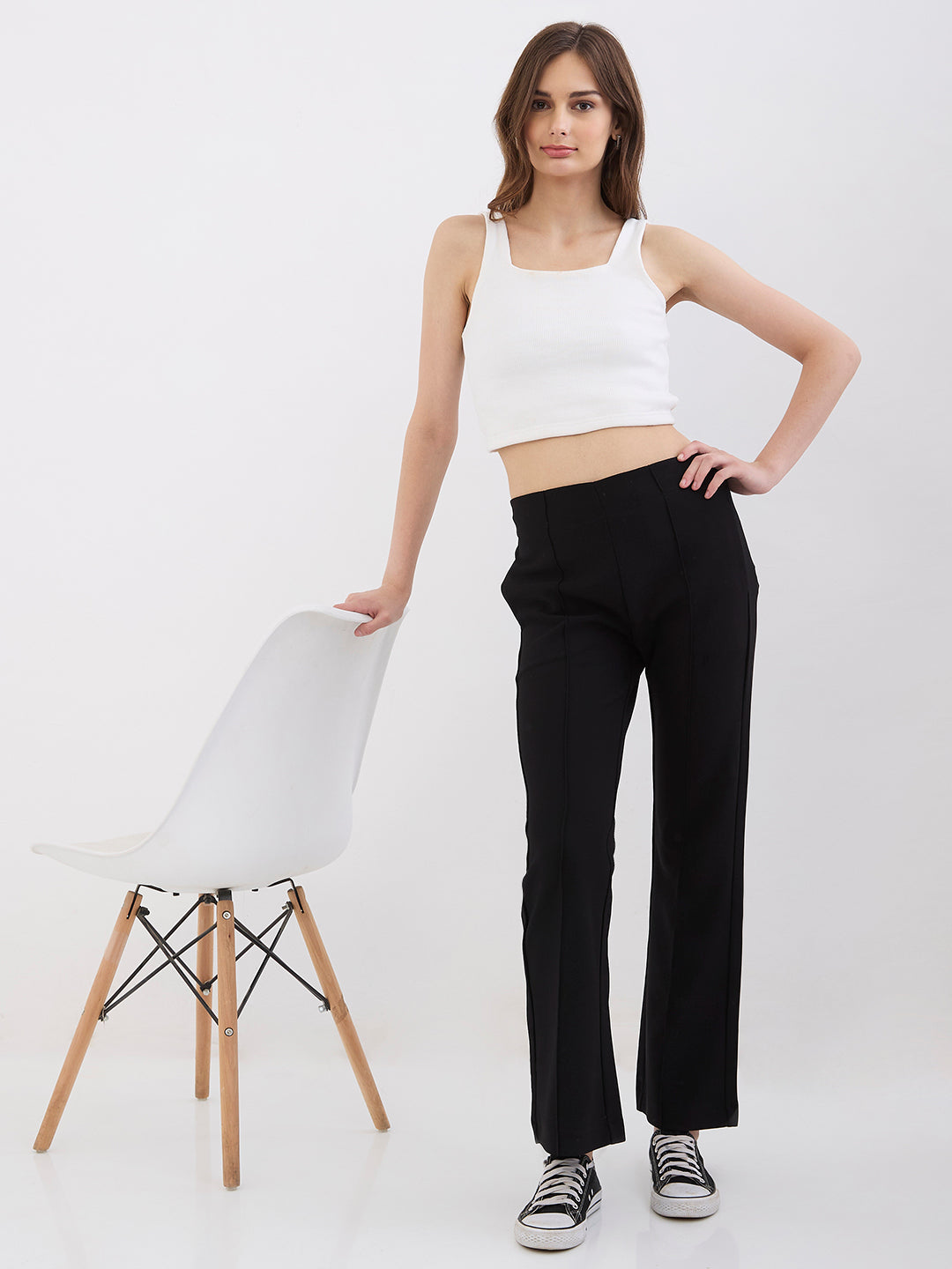 Spykar Black Mid Rise Boot Cut Fit Casual Knit Track Pants For Women