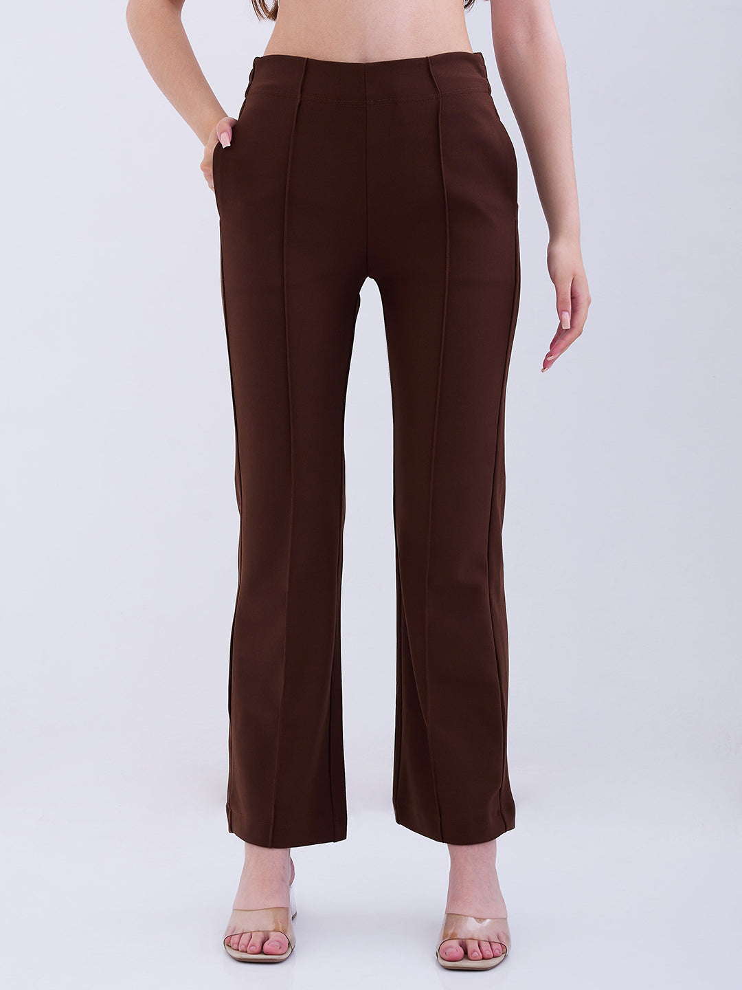 Spykar Brown Mid Rise Boot Cut Fit Casual Knit Track Pants For Women