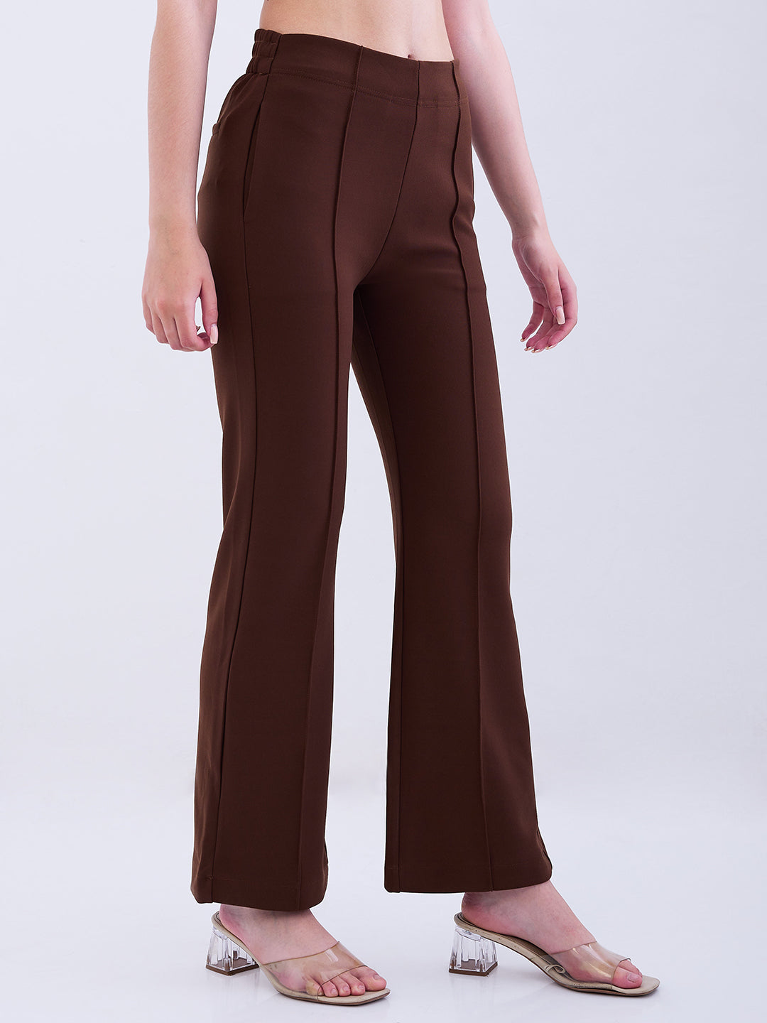 Spykar Brown Mid Rise Boot Cut Fit Casual Knit Track Pants For Women