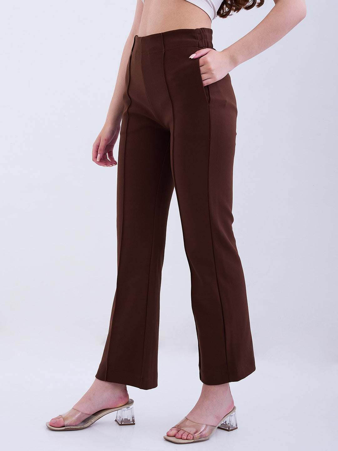 Spykar Brown Mid Rise Boot Cut Fit Casual Knit Track Pants For Women