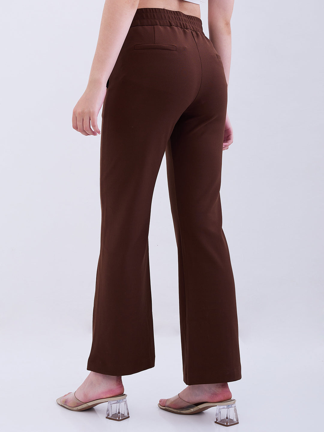 Spykar Brown Mid Rise Boot Cut Fit Casual Knit Track Pants For Women