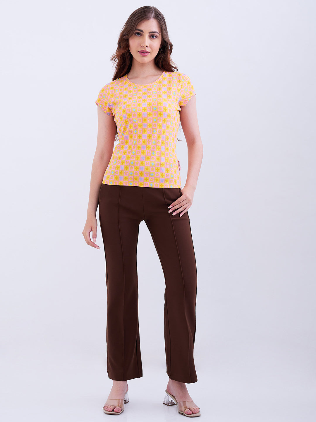 Spykar Brown Mid Rise Boot Cut Fit Casual Knit Track Pants For Women