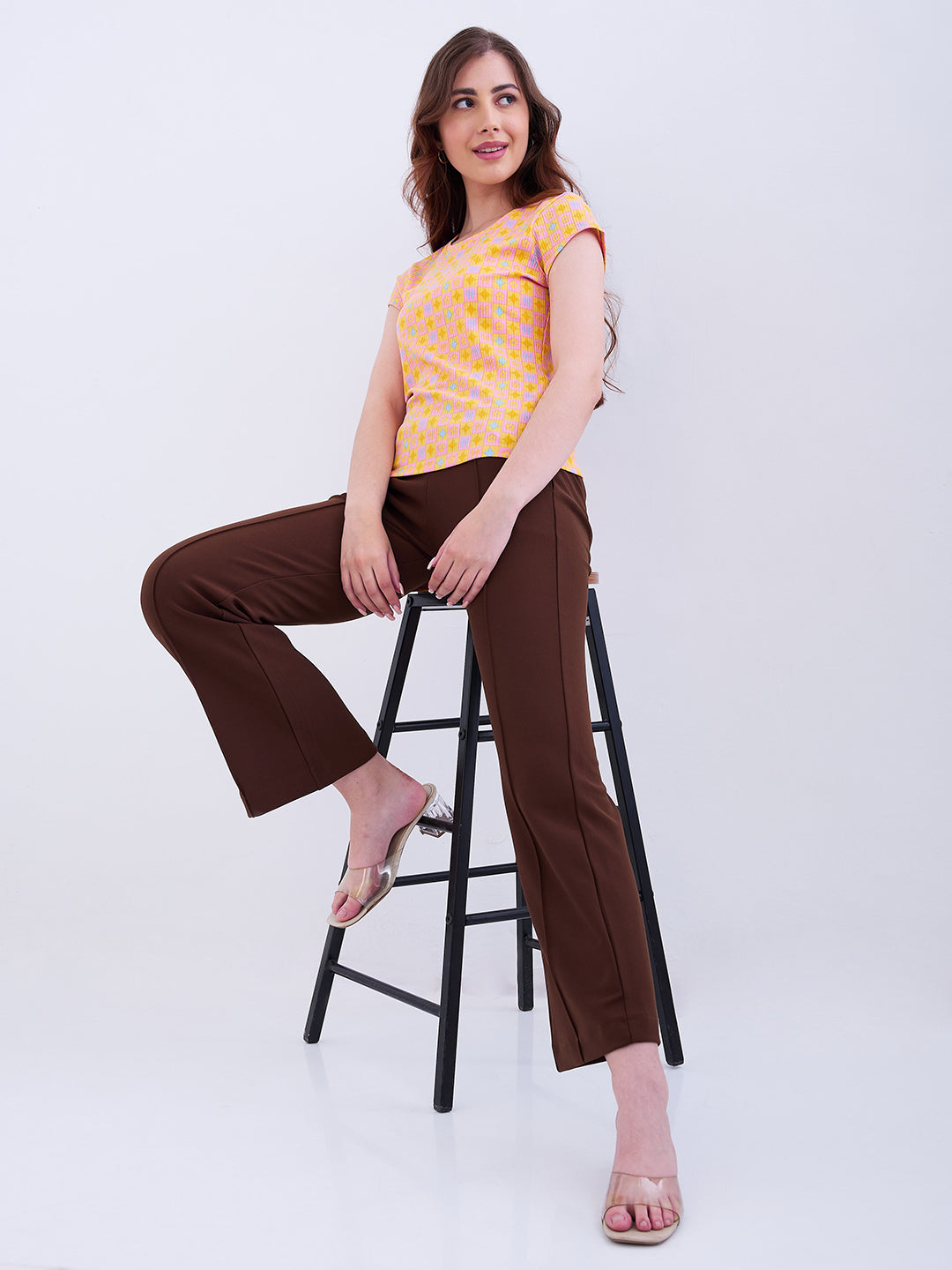 Spykar Brown Mid Rise Boot Cut Fit Casual Knit Track Pants For Women