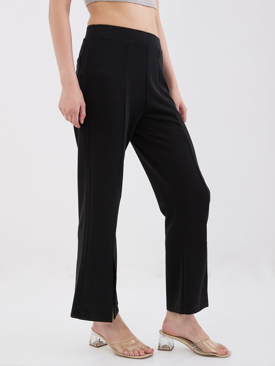 Spykar Black Mid Rise Boot Cut Fit Casual Knit Track Pants For Women