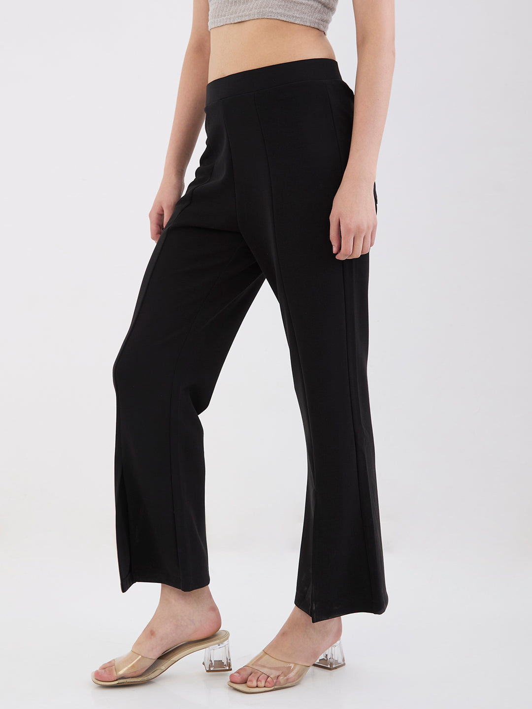Spykar Black Mid Rise Boot Cut Fit Casual Knit Track Pants For Women