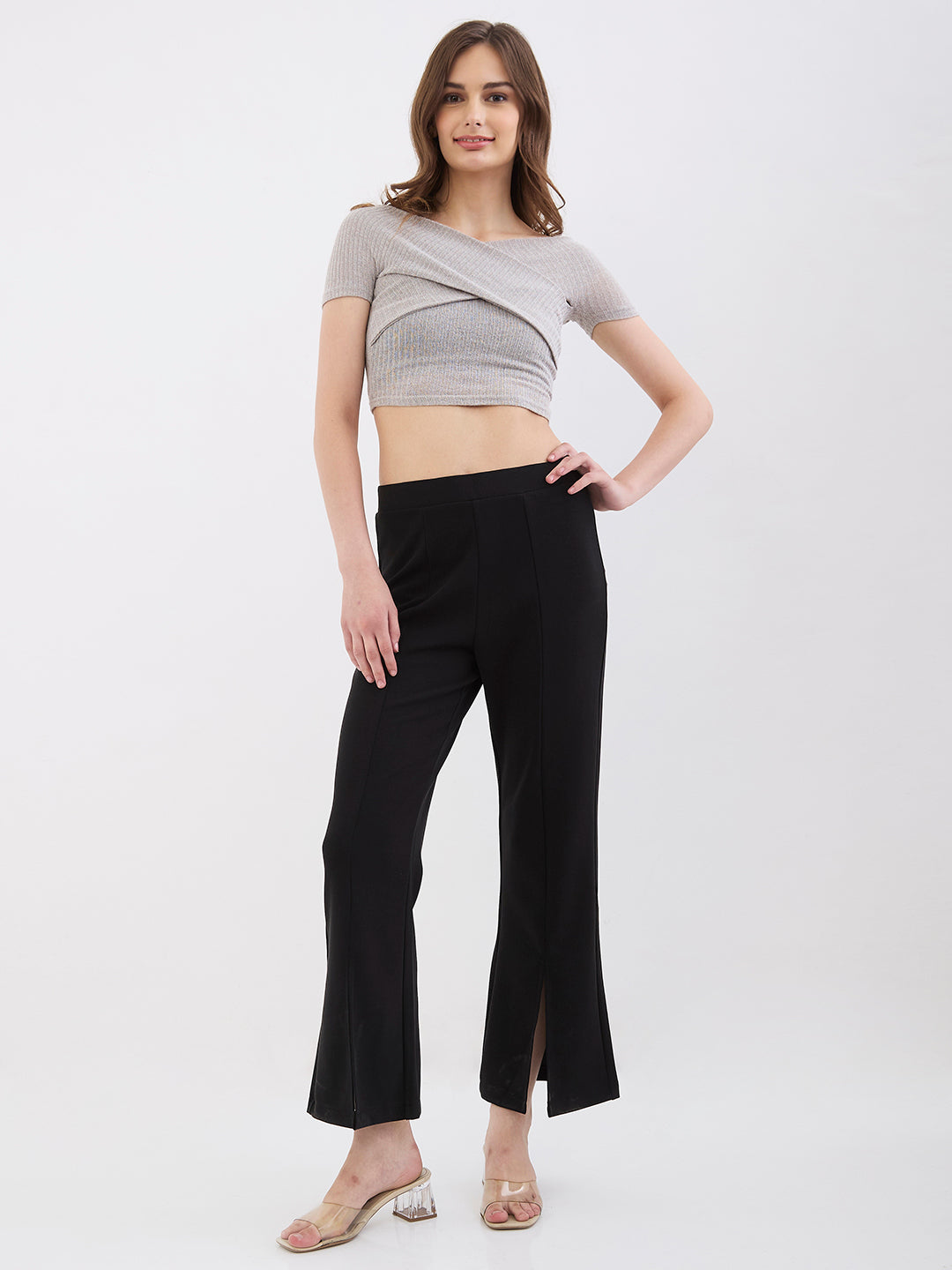 Spykar Black Mid Rise Boot Cut Fit Casual Knit Track Pants For Women