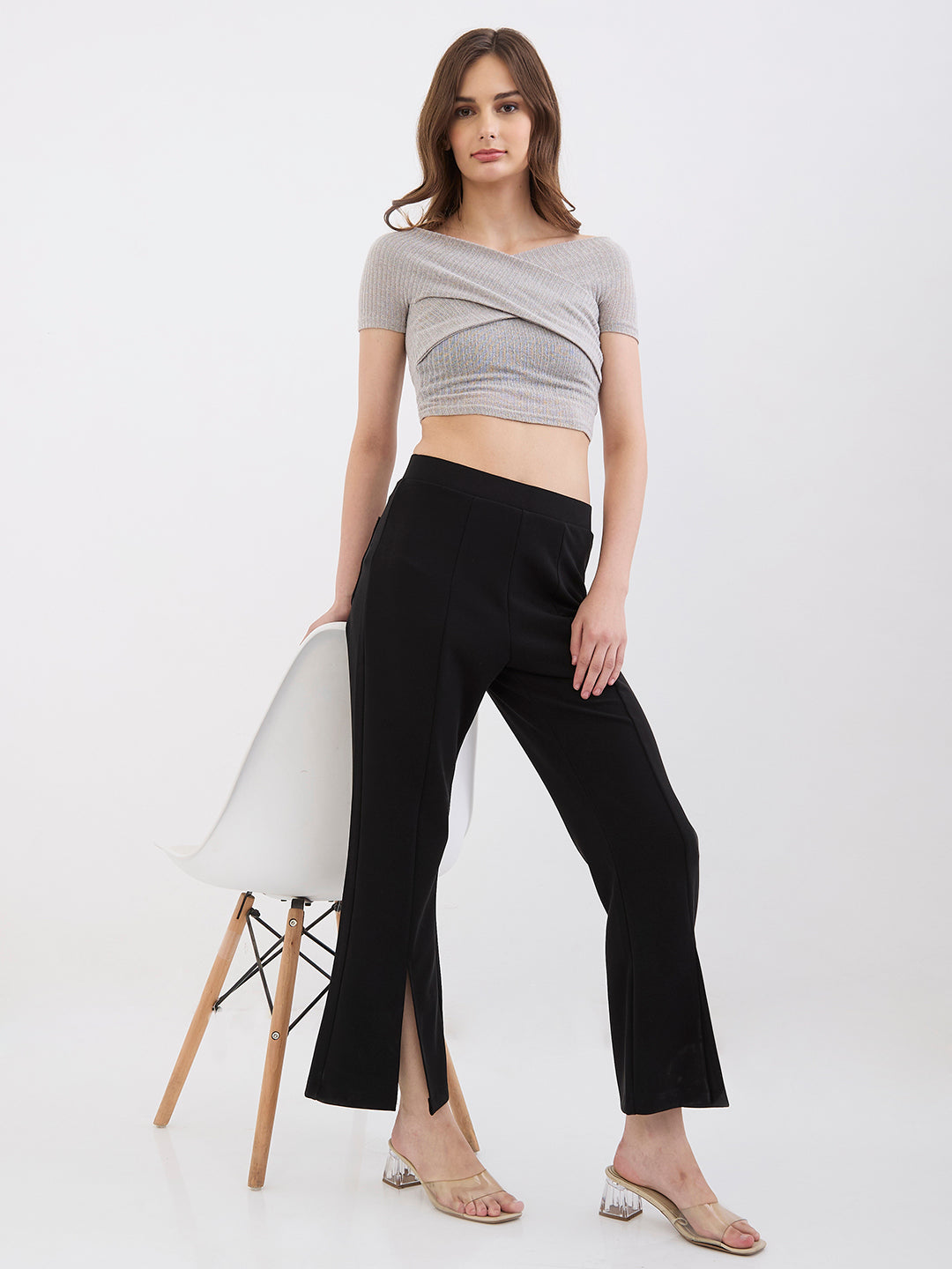 Spykar Black Mid Rise Boot Cut Fit Casual Knit Track Pants For Women