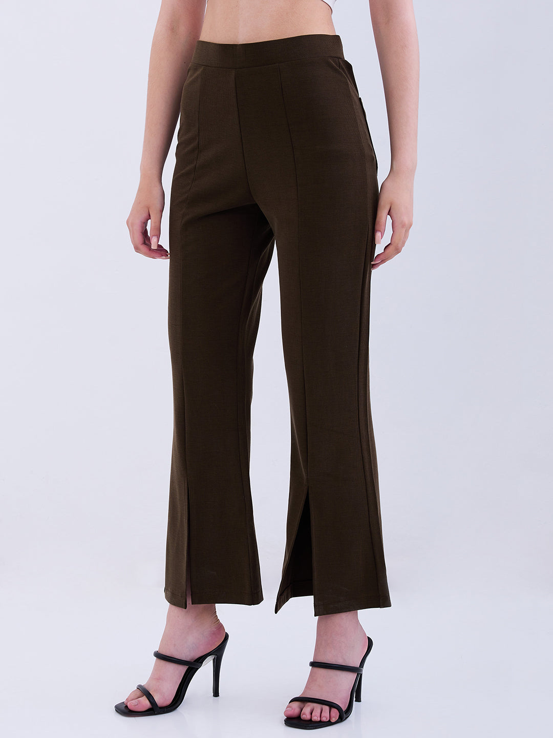 Spykar Olive Green Mid Rise Boot Cut Fit Casual Knit Track Pants For Women