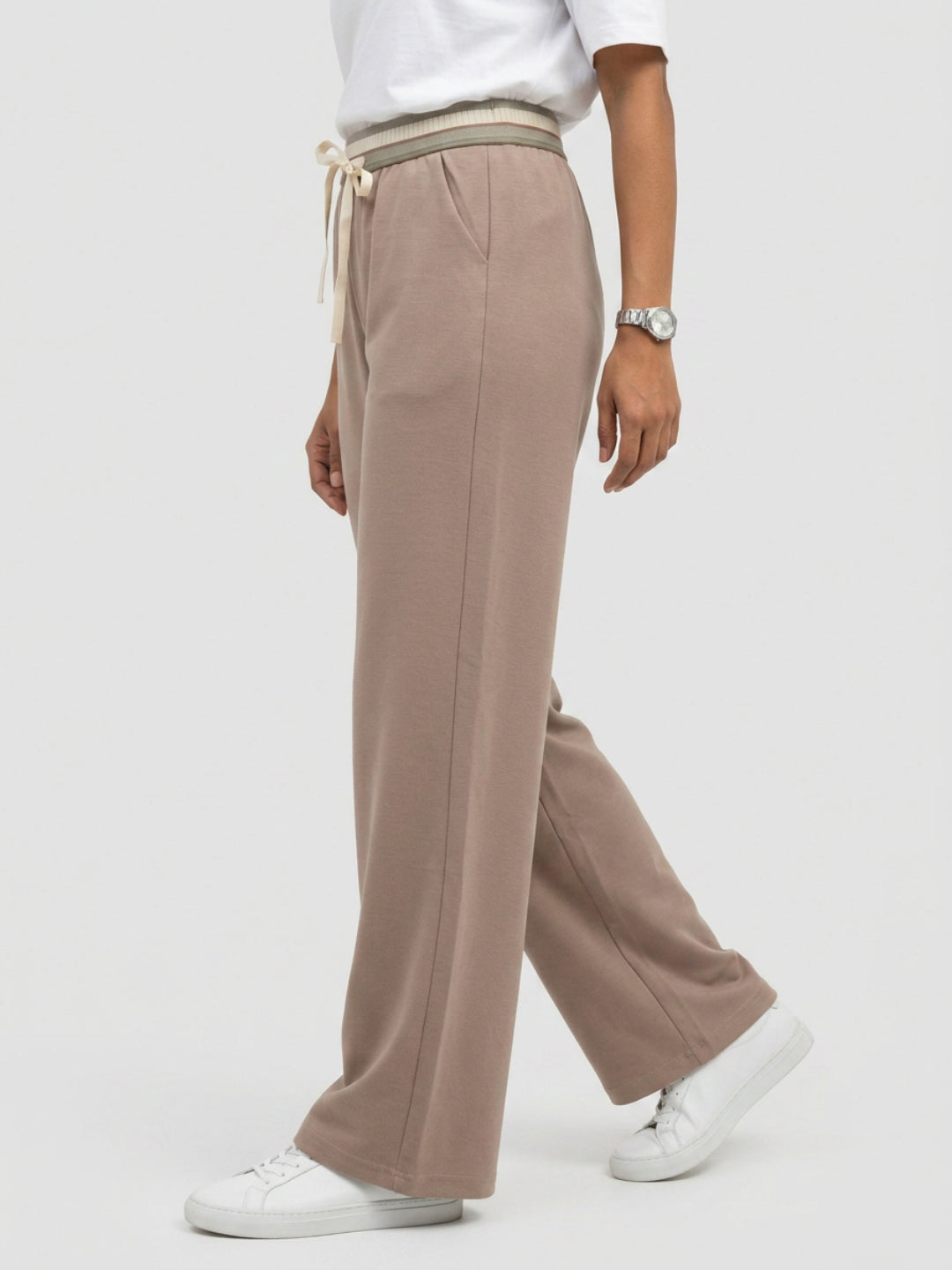 Women Trouser Straight Fit Beige High Rise