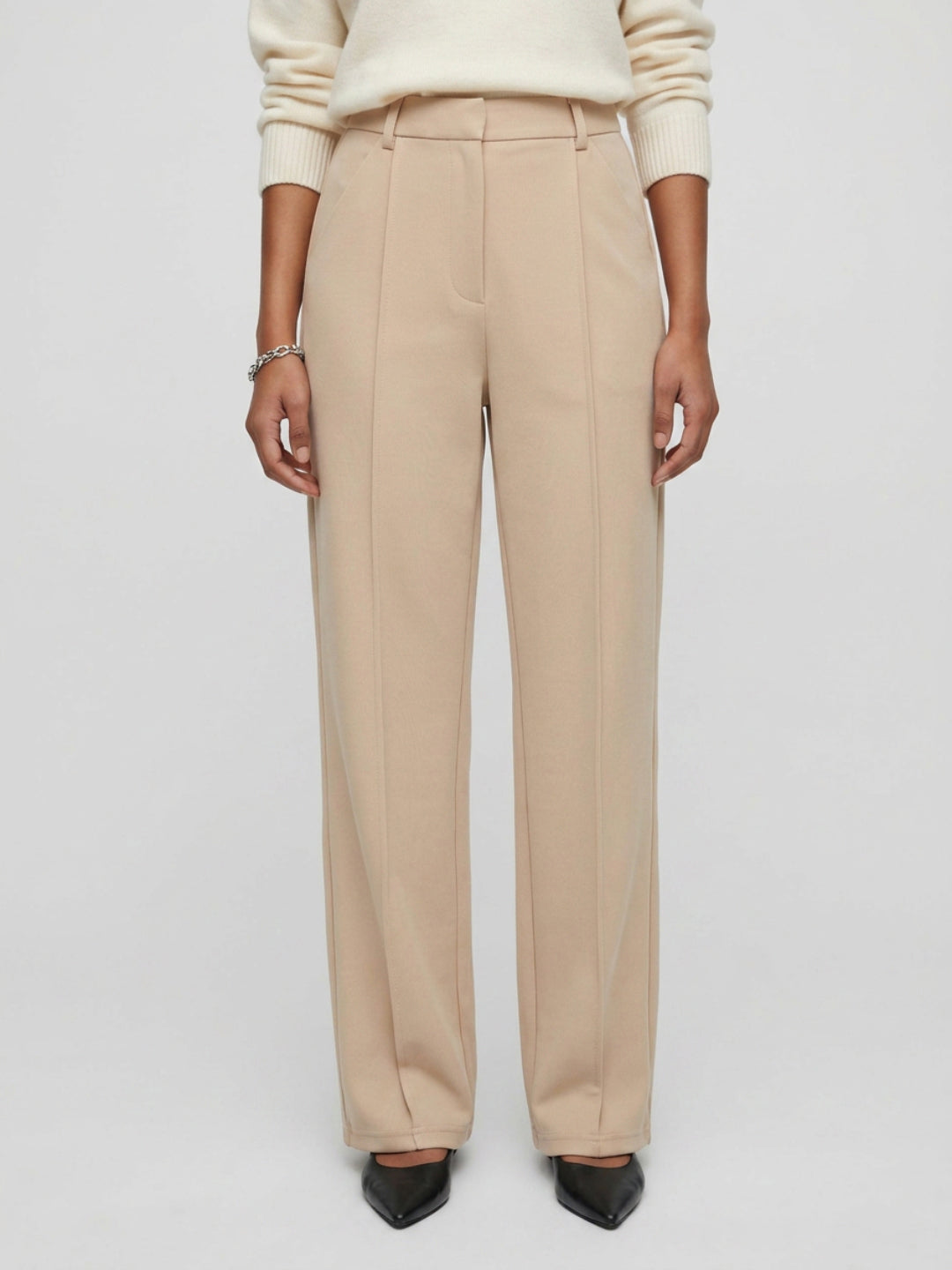 Women Trouser Straight Fit Beige High Rise