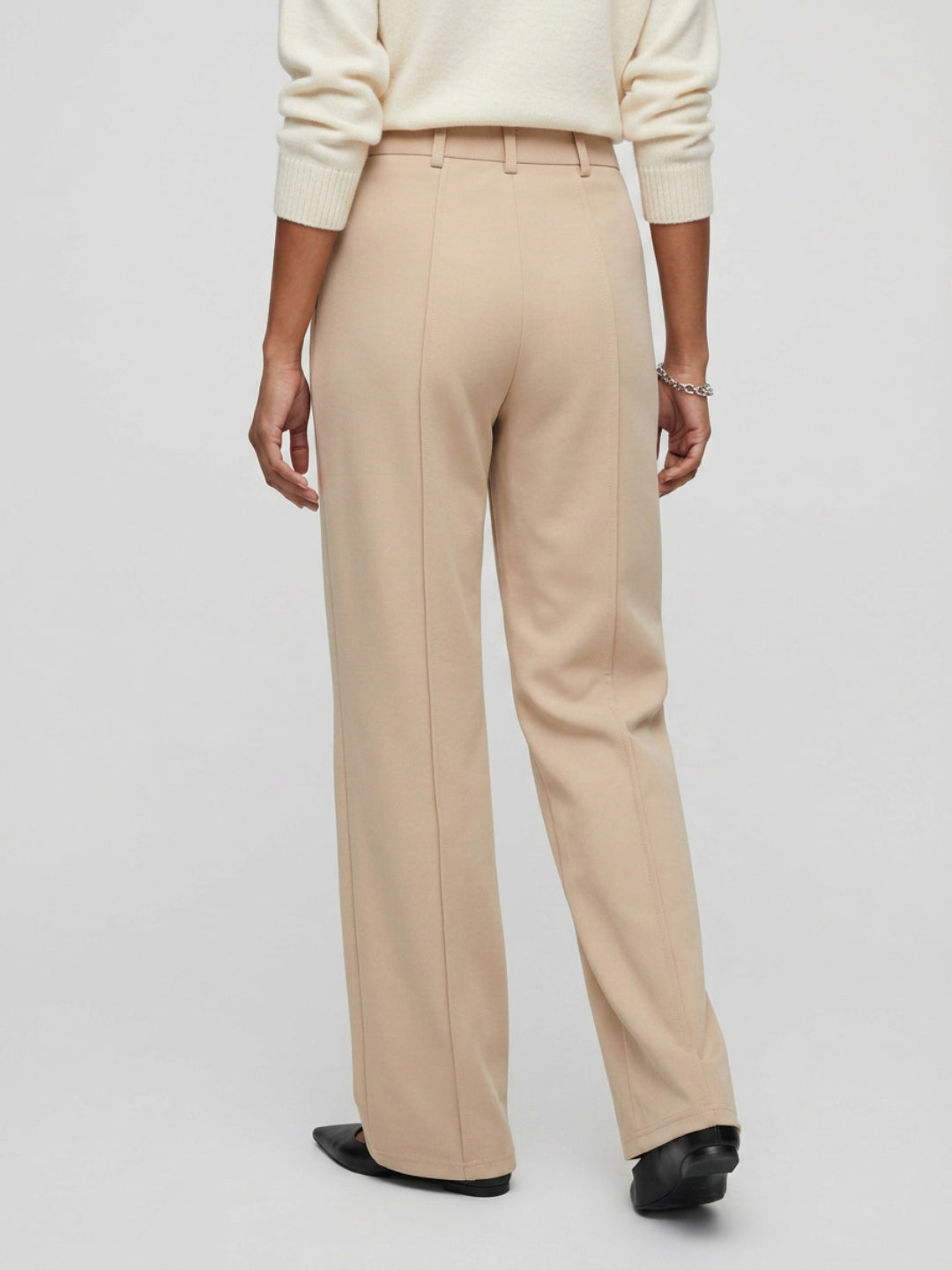 Women Trouser Straight Fit Beige High Rise