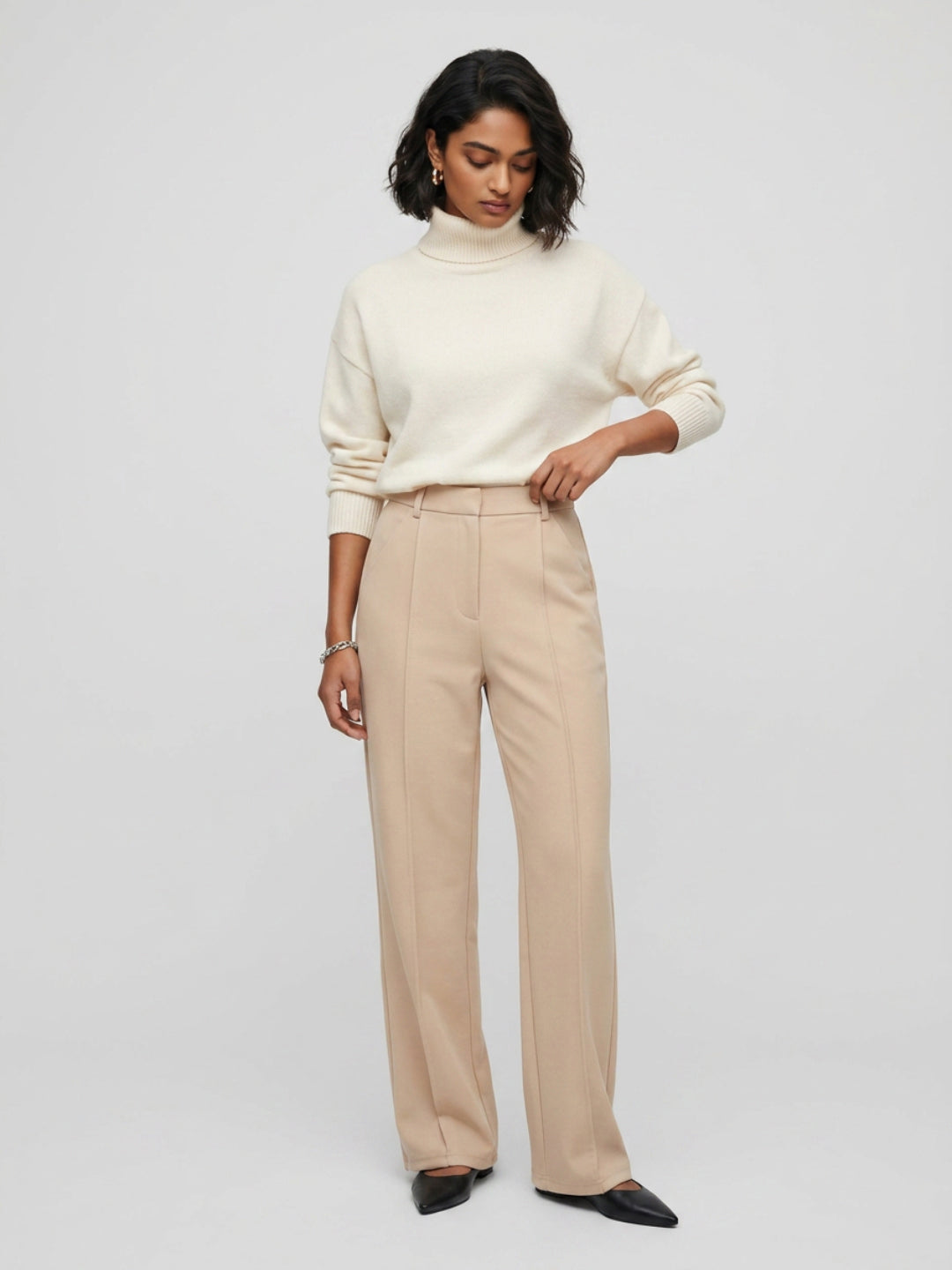 Women Trouser Straight Fit Beige High Rise