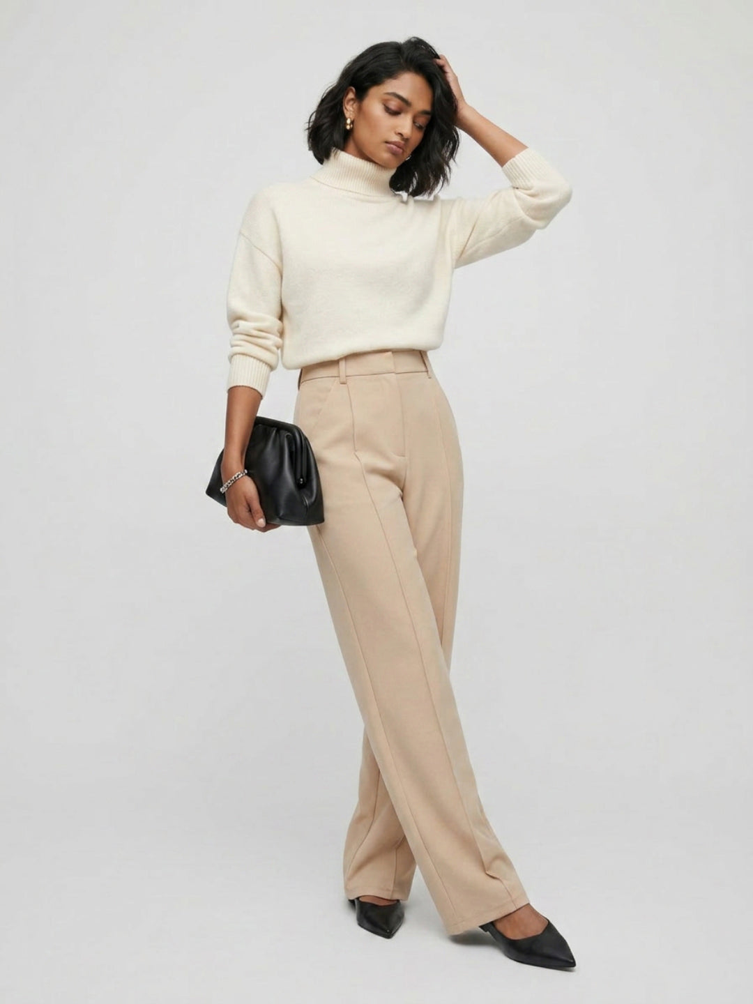 Women Trouser Straight Fit Beige High Rise